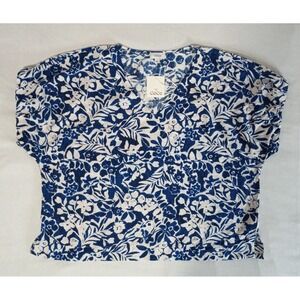 CeCe NWT Floral V Neck Short Sleeve Top Womens 1X Blue White Botanical Blouse
